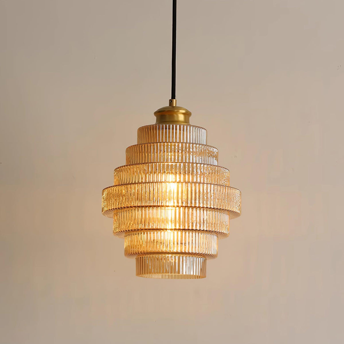 Tiered Glass Ceiling Pendant 9.8 Inch Fixture Warm Glow Hanging Lamp Ridged Shade Brass Detail Adjustable Height Amber Smoke Gray E26 Bulb D