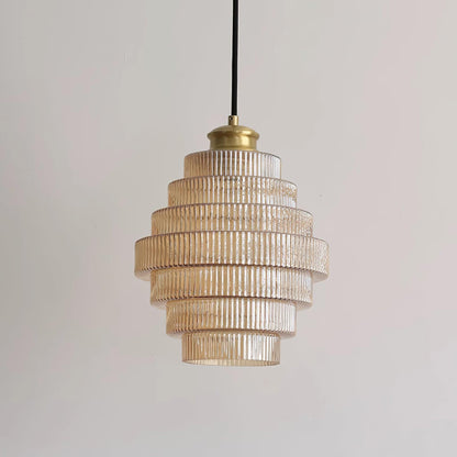 Tiered Glass Ceiling Pendant 9.8 Inch Fixture Warm Glow Hanging Lamp Ridged Shade Brass Detail Adjustable Height Amber Smoke Gray E26 Bulb D