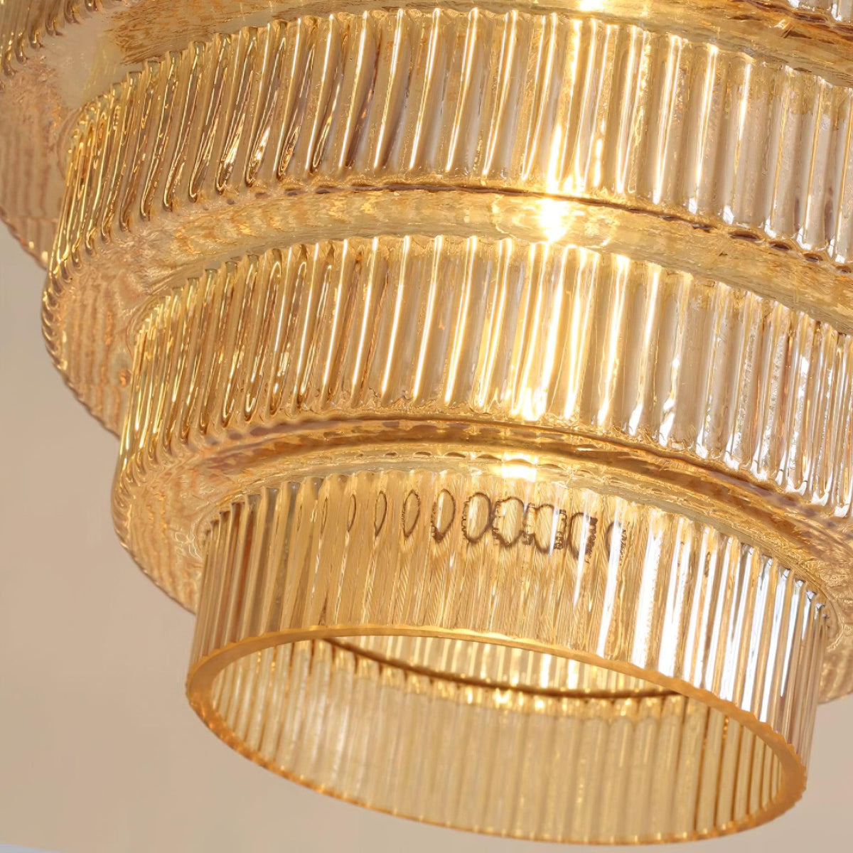 Tiered Glass Ceiling Pendant 9.8 Inch Fixture Warm Glow Hanging Lamp Ridged Shade Brass Detail Adjustable Height Amber Smoke Gray E26 Bulb D