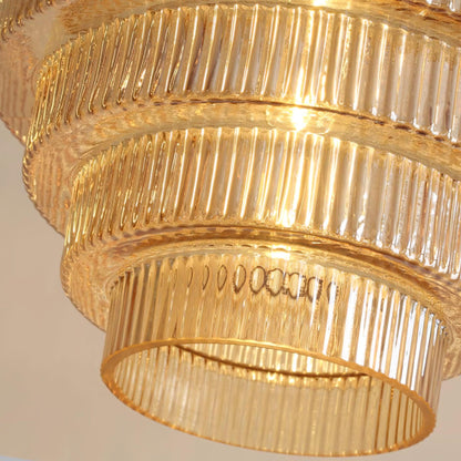 Tiered Glass Ceiling Pendant 9.8 Inch Fixture Warm Glow Hanging Lamp Ridged Shade Brass Detail Adjustable Height Amber Smoke Gray E26 Bulb D