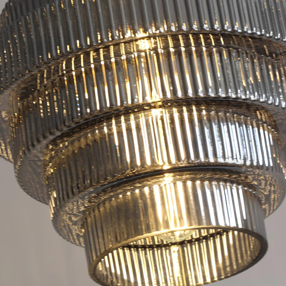 Tiered Glass Ceiling Pendant 9.8 Inch Fixture Warm Glow Hanging Lamp Ridged Shade Brass Detail Adjustable Height Amber Smoke Gray E26 Bulb D