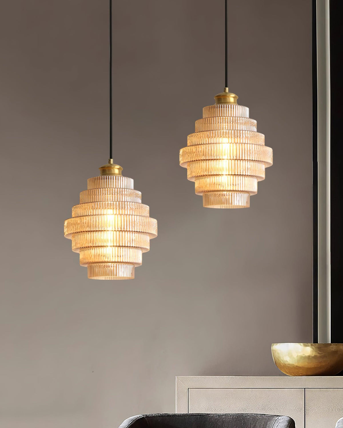 Tiered Glass Ceiling Pendant 9.8 Inch Fixture Warm Glow Hanging Lamp Ridged Shade Brass Detail Adjustable Height Amber Smoke Gray E26 Bulb D