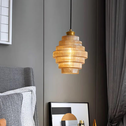 Tiered Glass Ceiling Pendant 9.8 Inch Fixture Warm Glow Hanging Lamp Ridged Shade Brass Detail Adjustable Height Amber Smoke Gray E26 Bulb D