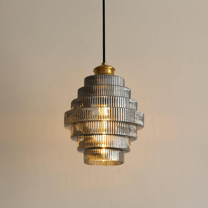 Tiered Glass Ceiling Pendant 9.8 Inch Fixture Warm Glow Hanging Lamp Ridged Shade Brass Detail Adjustable Height Amber Smoke Gray E26 Bulb D