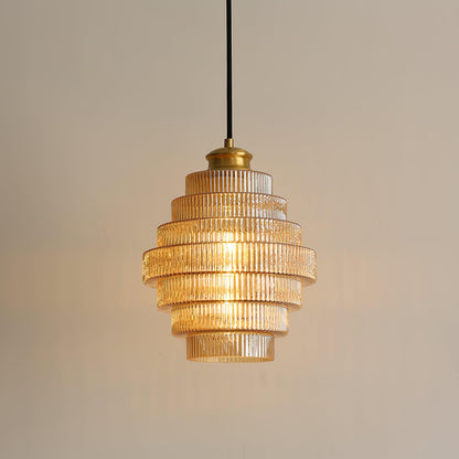 Tiered Glass Ceiling Pendant 9.8 Inch Fixture Warm Glow Hanging Lamp Ridged Shade Brass Detail Adjustable Height Amber Smoke Gray E26 Bulb D
