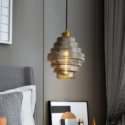 Tiered Glass Ceiling Pendant 9.8 Inch Fixture Warm Glow Hanging Lamp Ridged Shade Brass Detail Adjustable Height Amber Smoke Gray E26 Bulb D