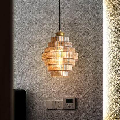 Tiered Glass Ceiling Pendant 9.8 Inch Fixture Warm Glow Hanging Lamp Ridged Shade Brass Detail Adjustable Height Amber Smoke Gray E26 Bulb D
