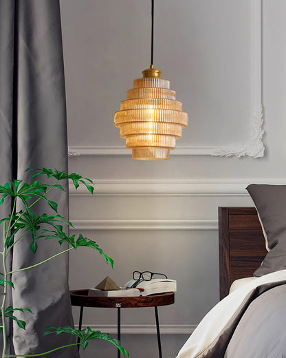Tiered Glass Ceiling Pendant 9.8 Inch Fixture Warm Glow Hanging Lamp Ridged Shade Brass Detail Adjustable Height Amber Smoke Gray E26 Bulb D