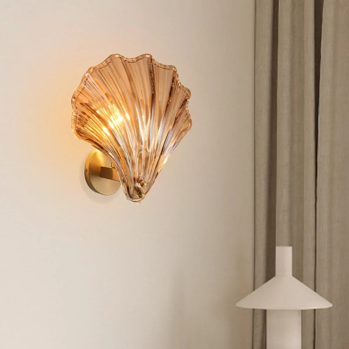Sconce with Organic Shell-Shaped Shade – 10 Inch Brass & Glass Fixture for Bedside, Hallway, Powder Room – Subtle Glow