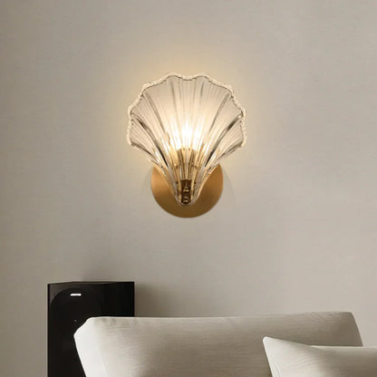 Sconce with Organic Shell-Shaped Shade – 10 Inch Brass & Glass Fixture for Bedside, Hallway, Powder Room – Subtle Glow
