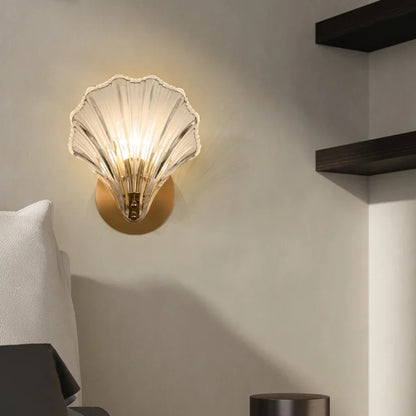 Sconce with Organic Shell-Shaped Shade – 10 Inch Brass & Glass Fixture for Bedside, Hallway, Powder Room – Subtle Glow