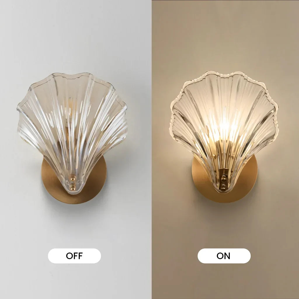 Sconce with Organic Shell-Shaped Shade – 10 Inch Brass & Glass Fixture for Bedside, Hallway, Powder Room – Subtle Glow