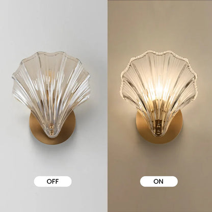 Sconce with Organic Shell-Shaped Shade – 10 Inch Brass & Glass Fixture for Bedside, Hallway, Powder Room – Subtle Glow