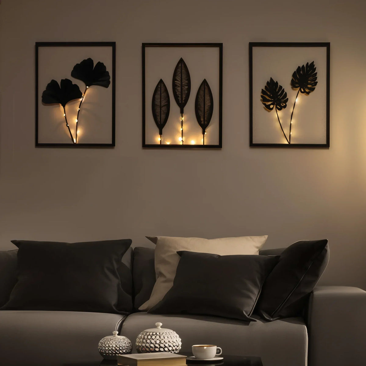 Battery-Powered LED Leaf Frame Light Set for Home Decor 3-Piece Black Metal Botanical Display for Shelves Tables Nightstand Ambiance