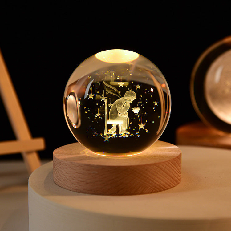 LED Glass Sphere Desk Lamp with 3D Laser-Etched Design on Wood Base | Night Light for Bedside, Living Room & Kids' Bedroom Décor | USB