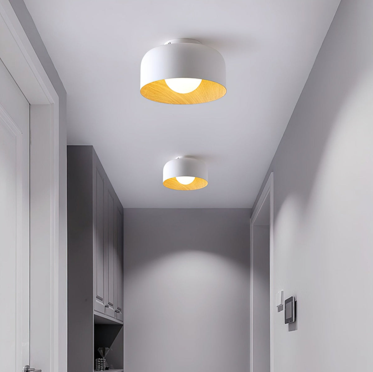 Flush Mount Ceiling Light Fixture for Bedroom Hallway Small Rooms 9 in Round LED Glass Shade with Wood Grain Interior Modern Accent for Livi