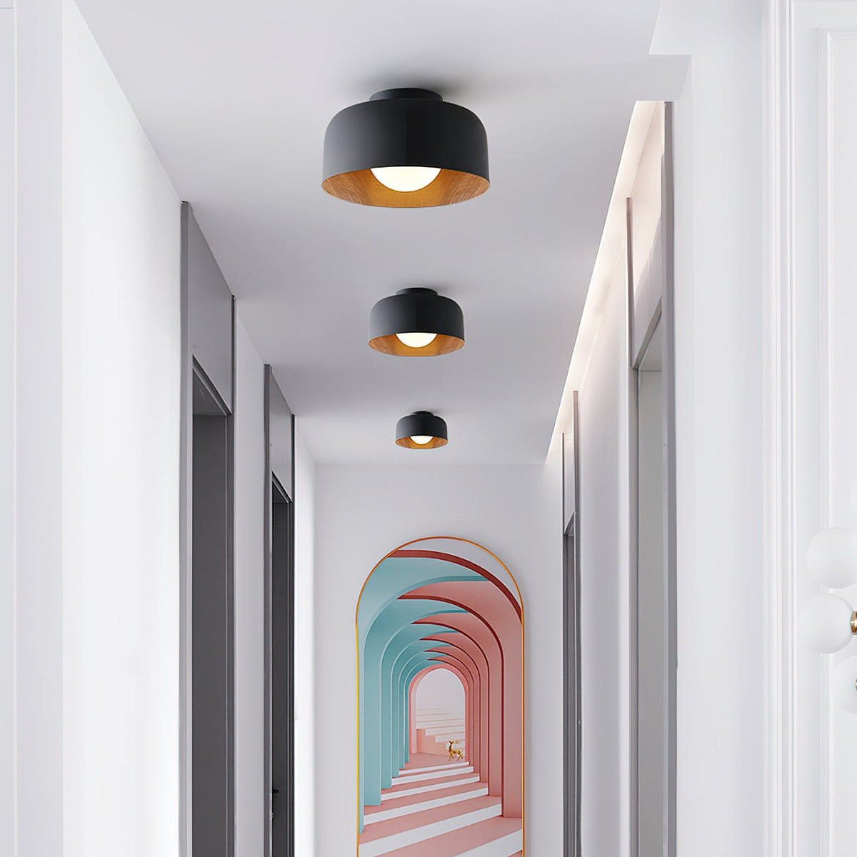 Flush Mount Ceiling Light Fixture for Bedroom Hallway Small Rooms 9 in Round LED Glass Shade with Wood Grain Interior Modern Accent for Livi