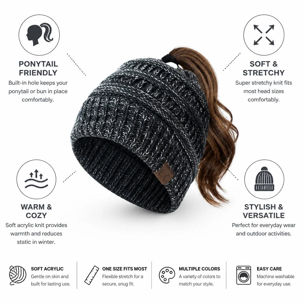 Bonnet avec ouverture pour queue de cheval, doux et extensible, en acrylique