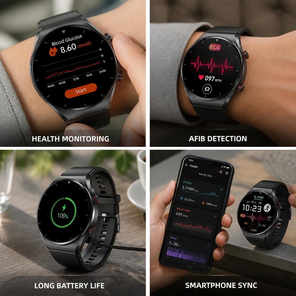 Montre intelligente de santé avec ECG, détection de la FA et autonomie de 15 jours sans mesure de la glycémie