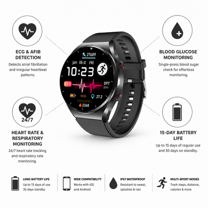 Montre intelligente de santé avec ECG, détection de la FA et autonomie de 15 jours sans mesure de la glycémie