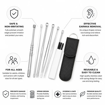 Ear Cleaning Kit Six Piece Stainless Steel Rounded Tips