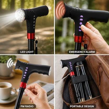 Folding Cane LED Light Emergency Alarm & FM Radio