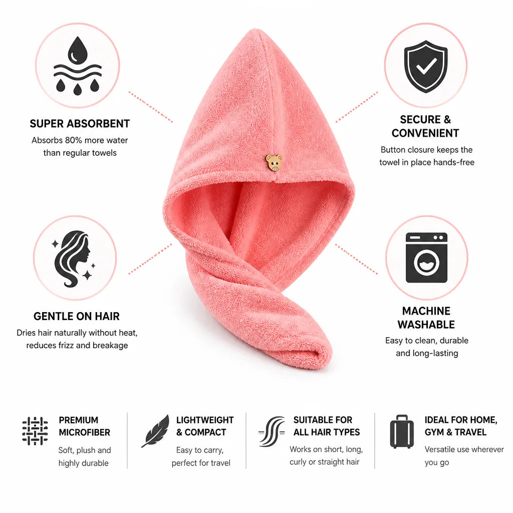 Serviette pour cheveux en microfibre ultra-absorbante avec bouton de fermeture