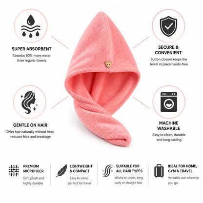 Serviette pour cheveux en microfibre ultra-absorbante avec bouton de fermeture