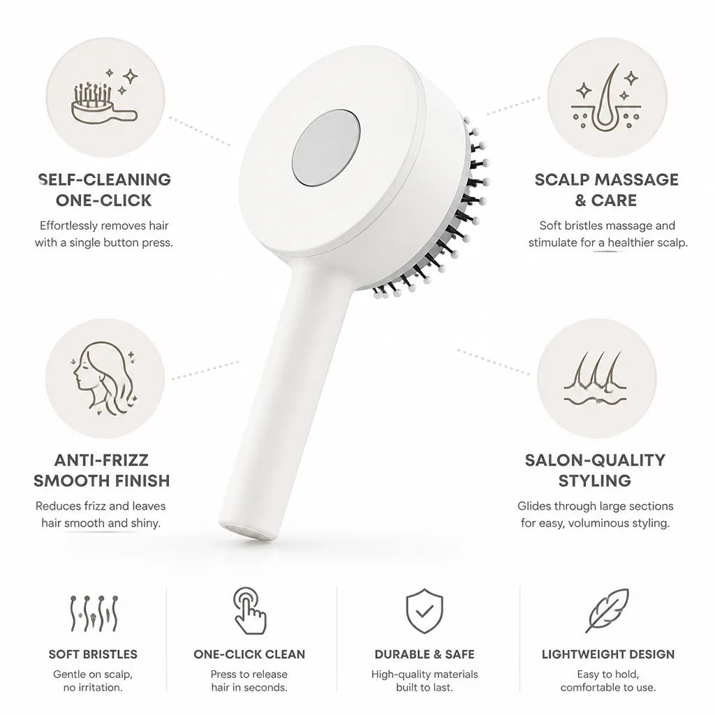 Brosse à cheveux autonettoyante en un clic, coussin d'air massant pour le cuir chevelu, poils anti-frisottis