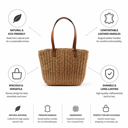 Handwoven Natural Rush Tote (Leather Handles)