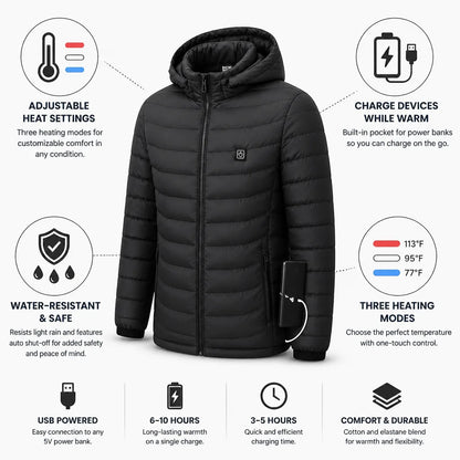 Heated Jacket USB-Powered Power Bank Pocket Water-Resistant