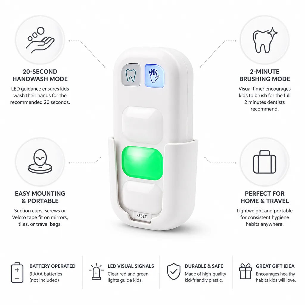 Minuteur d'hygiène pour enfants, guidage LED, mode 2 minutes, ventouse de fixation