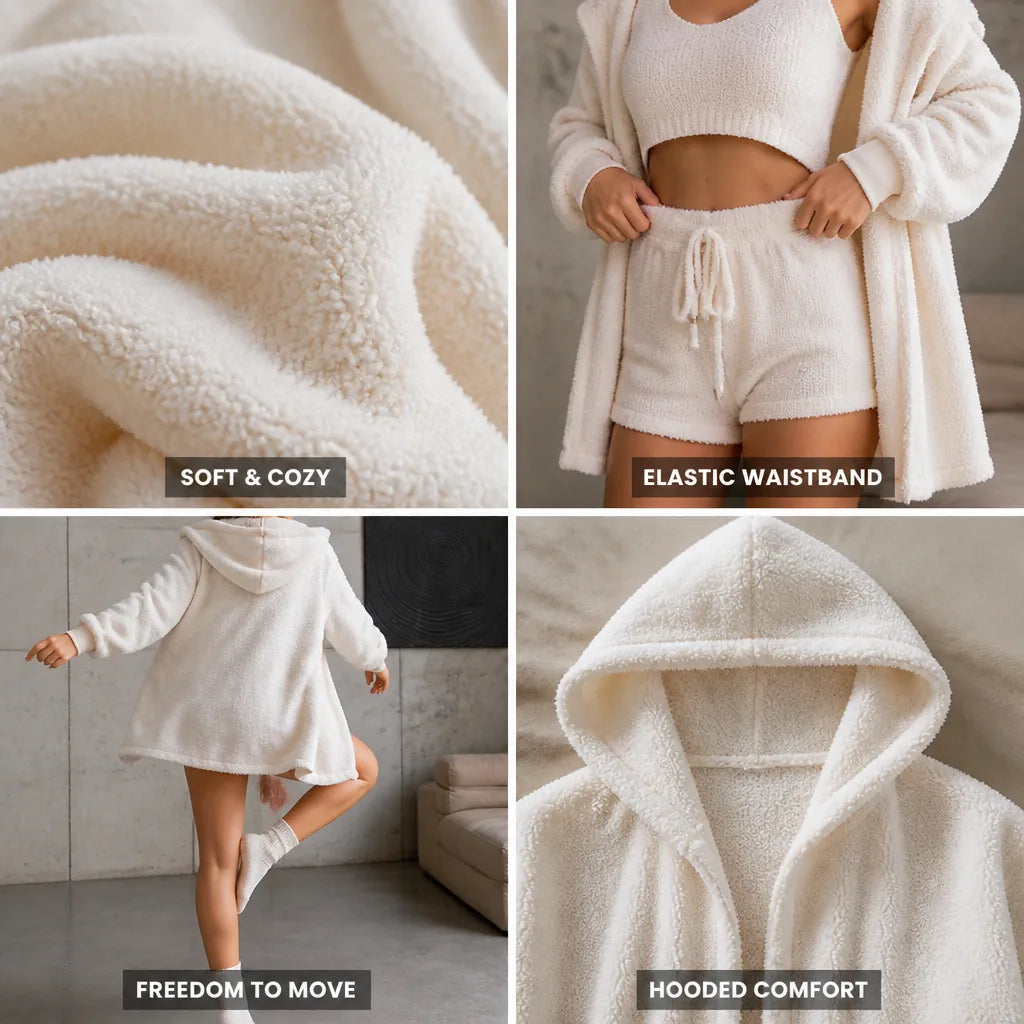 Loungewear Set Hooded Top & Shorts Soft Polyester Elastic Waistband