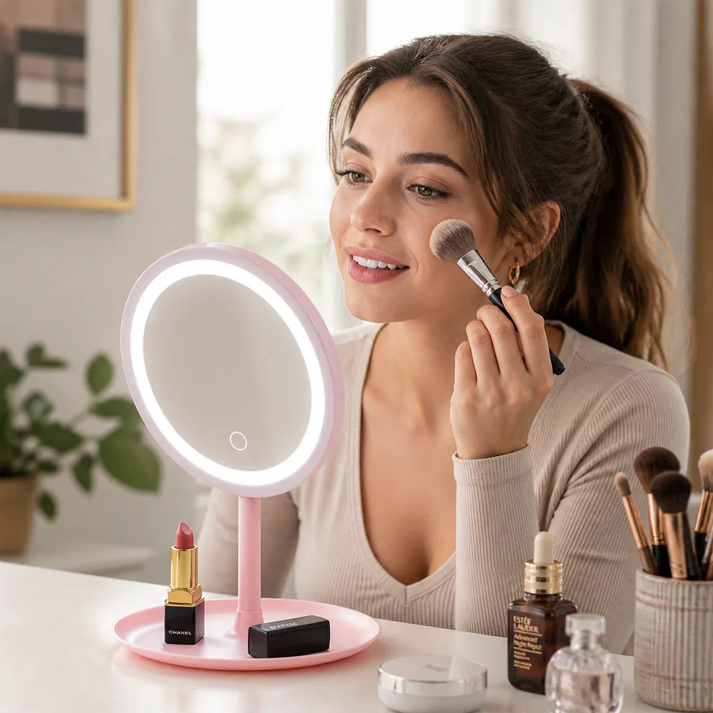 Miroir de maquillage grossissant 5x, LED réglable et rechargeable par USB