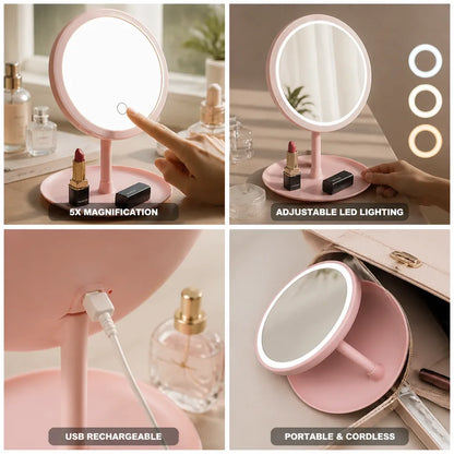 Miroir de maquillage grossissant 5x, LED réglable et rechargeable par USB