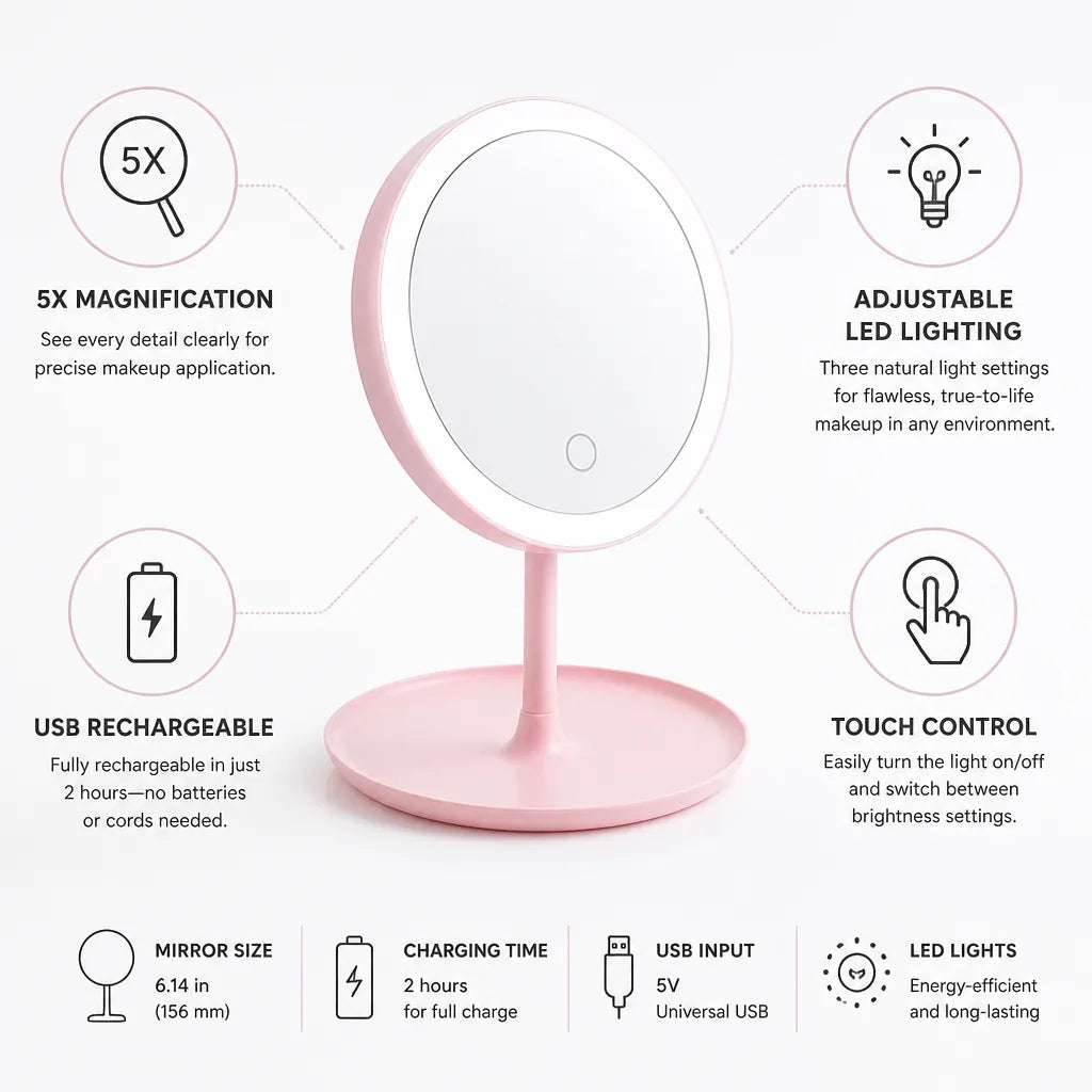 Miroir de maquillage grossissant 5x, LED réglable et rechargeable par USB