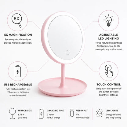 Miroir de maquillage grossissant 5x, LED réglable et rechargeable par USB