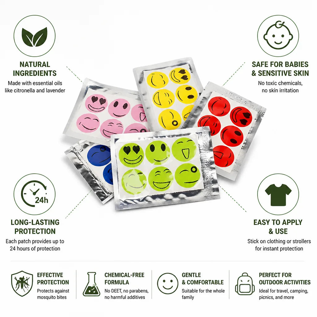Autocollants anti-moustiques aux huiles essentielles naturelles, sans danger pour les bébés, protection 24 heures.