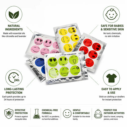 Autocollants anti-moustiques aux huiles essentielles naturelles, sans danger pour les bébés, protection 24 heures.