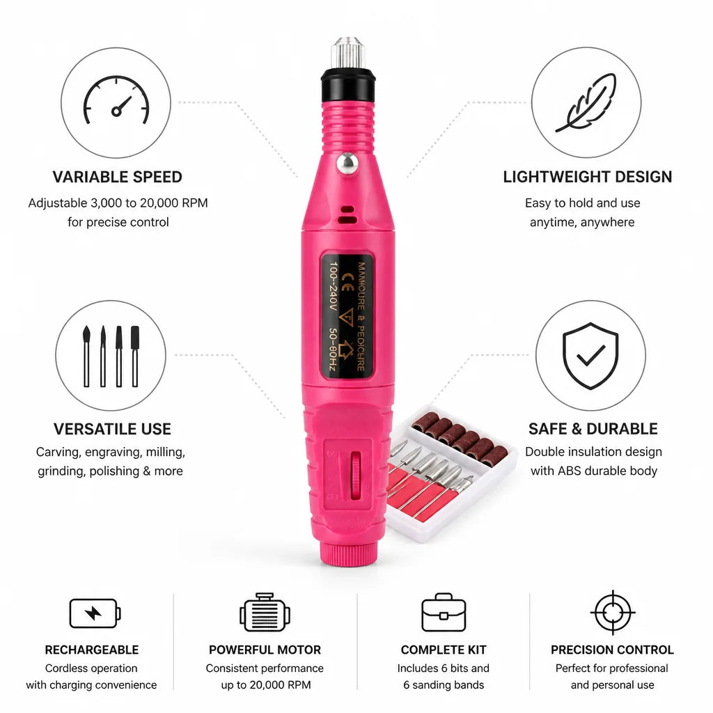 Ponceuse à ongles rechargeable, légère, à vitesse variable