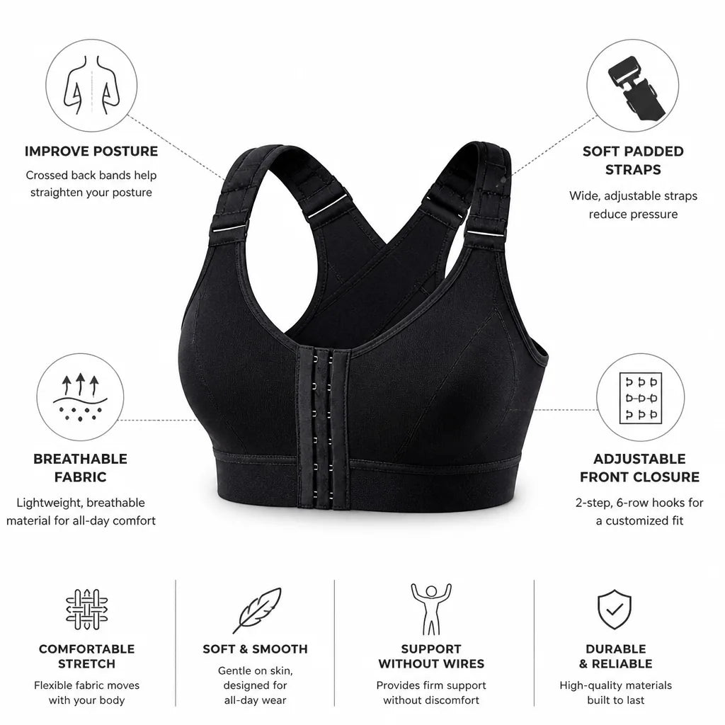 Soutien-gorge correcteur de posture, dos croisé et agrafes réglables sur le devant