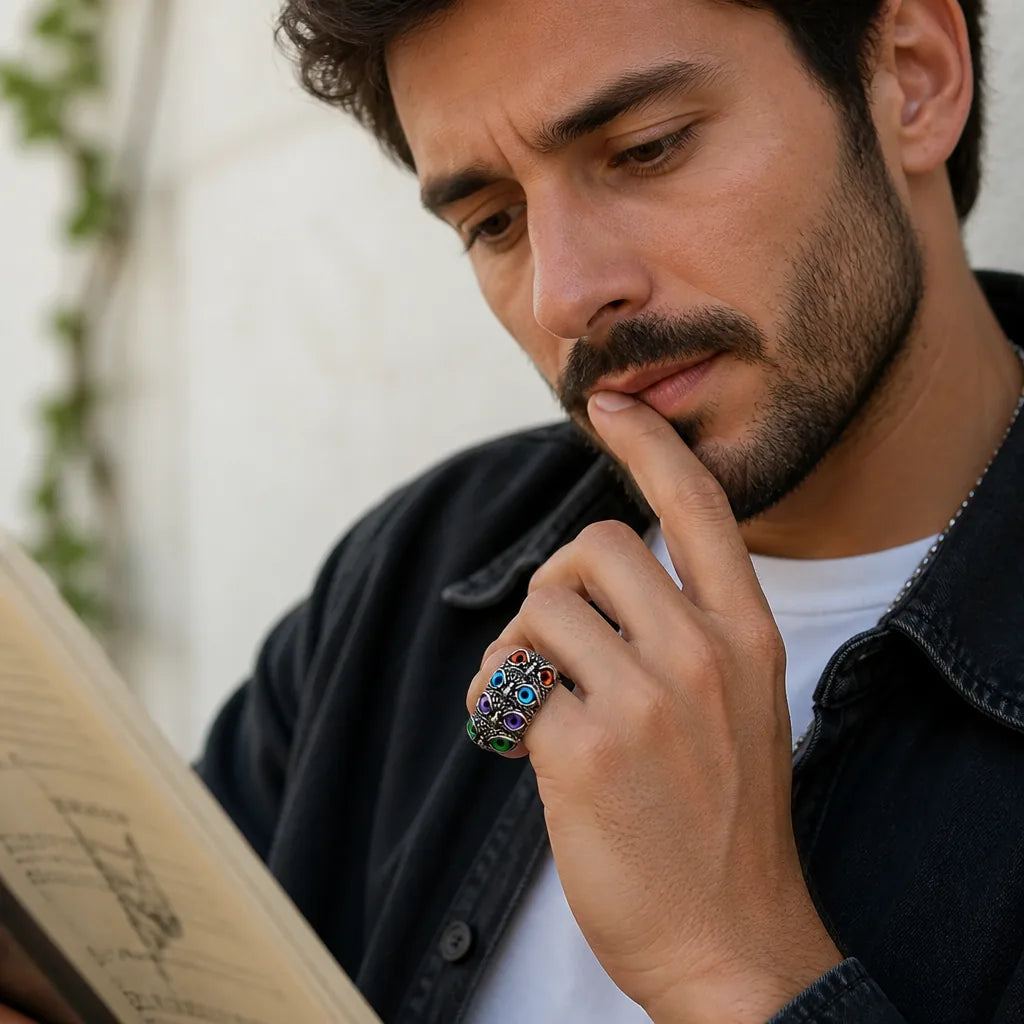 Bague ajustable avec hibou aux yeux en pierre précieuse
