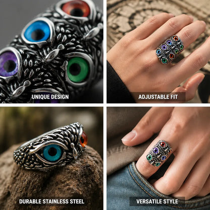 Bague ajustable avec hibou aux yeux en pierre précieuse
