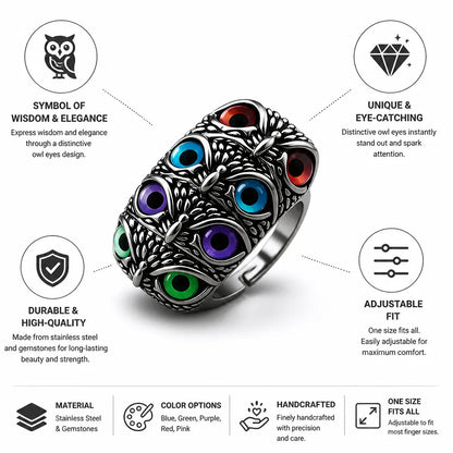 Bague ajustable avec hibou aux yeux en pierre précieuse