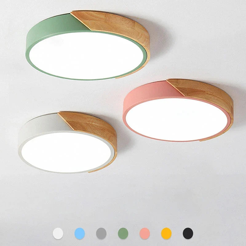 Round Ceiling Light Wood Decor Dimmable Remote