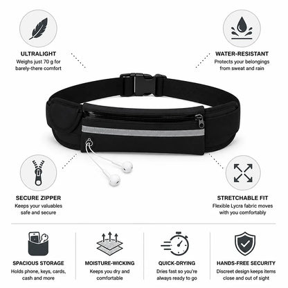 Running Belt Ultralight Lycra Water-Resistant Secure Zipper