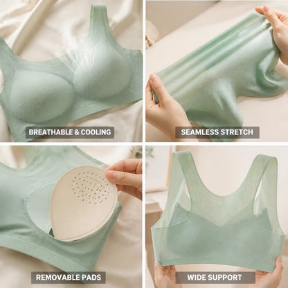Soutien-gorge sans coutures, effet fraîcheur en soie glacée, sans armatures et coussinets amovibles