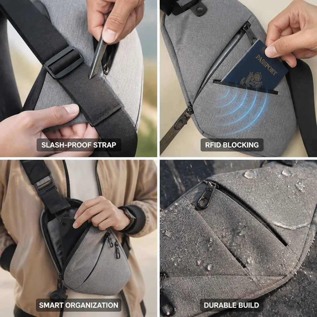 Sac à bandoulière, sangle anti-coupure et protection RFID
