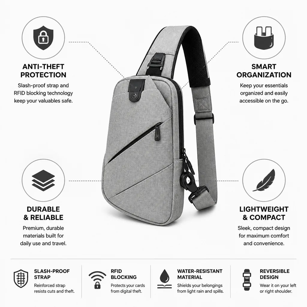 Sac à bandoulière, sangle anti-coupure et protection RFID
