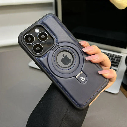 Leather Phone Cases with MagSafe, iPhone 16 Case with Fold Out Ring Stand, iPhone 15 Case, Magnetic iPhone Case with Rugged Protection